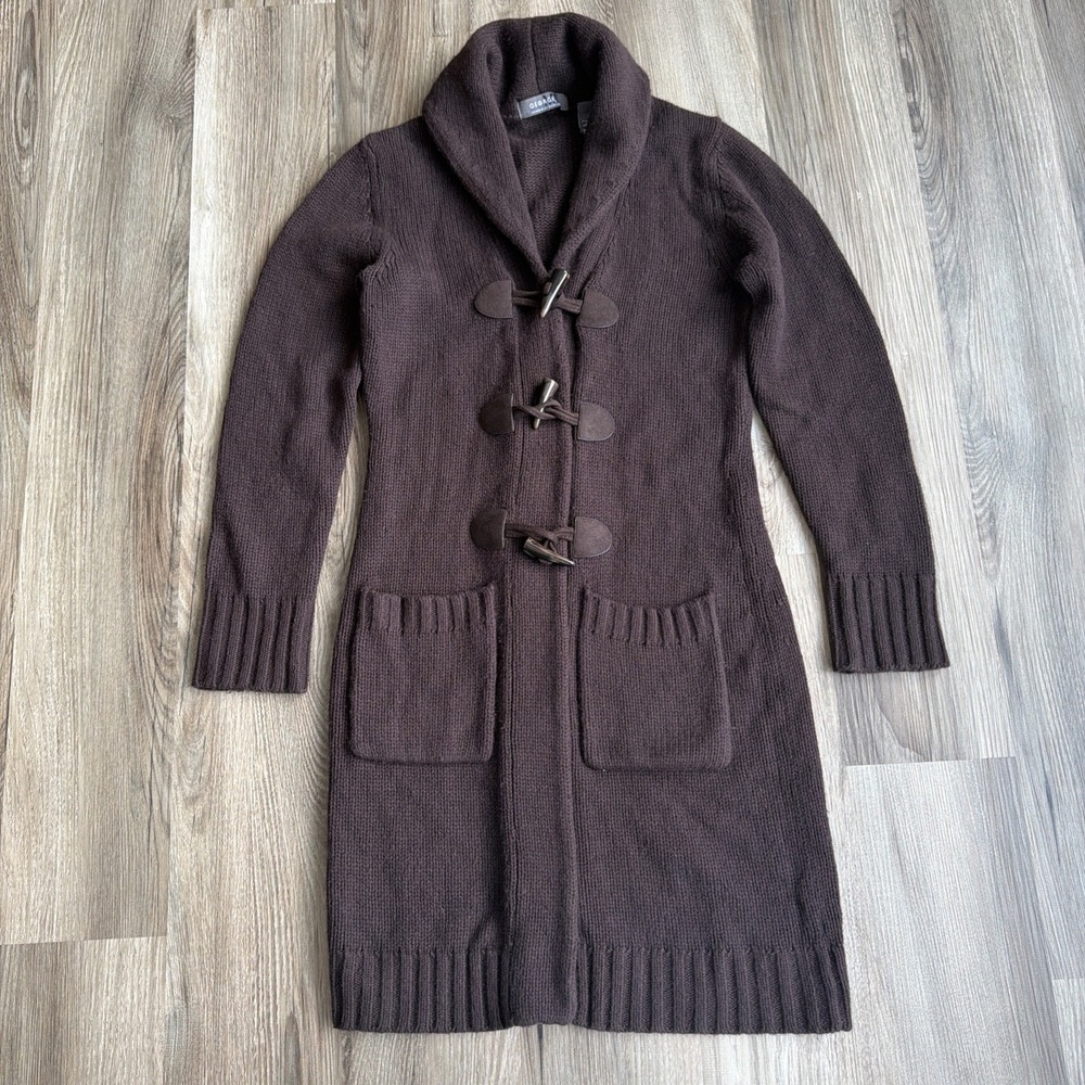 Vintage Y2K 2 Pocket Toggle Knit Long Cardigan Sweater Brown Cozy Modest XS - Picture 1 of 5